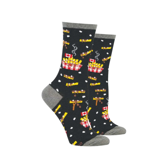 A pair of black crew socks with a repeating pattern of yellow fries dripping with gravy, red-and-white checkered basket with Canada flag sticking out of poutine fries, and cheese curds sprinkled around.
