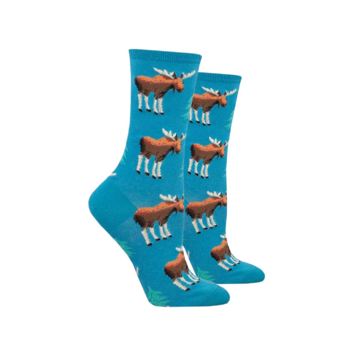A pair of bright blue crew socks featuring a repeating pattern of brown moose and spruce trees