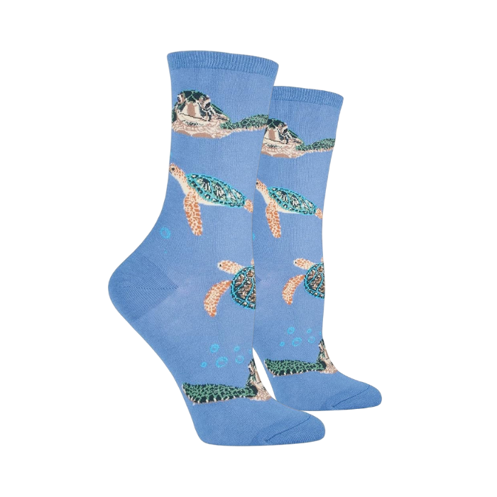 Socksmith Women's Sea Turtles Socks featuring a blue background with colorful sea turtle designs. 