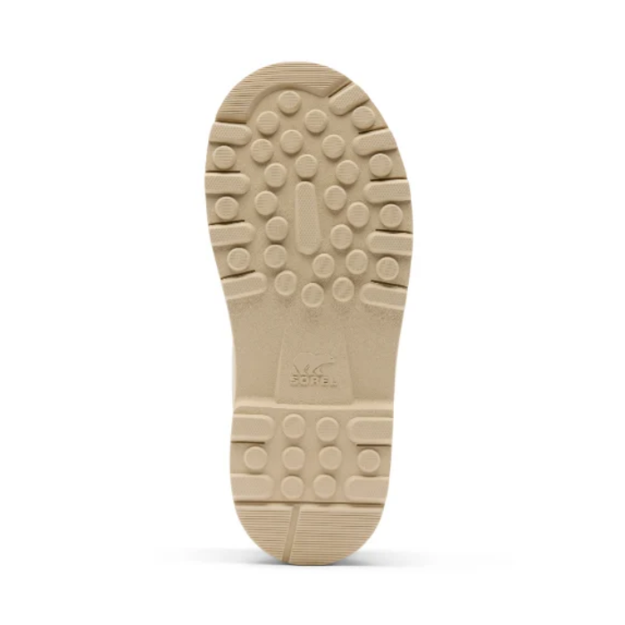Tan rubber outsole with deep circle tread and Sorel logo stamped in middle.