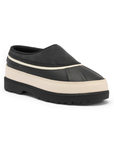 A slip-on clog-style shoe in black with off-white accent and black treaded outsole.