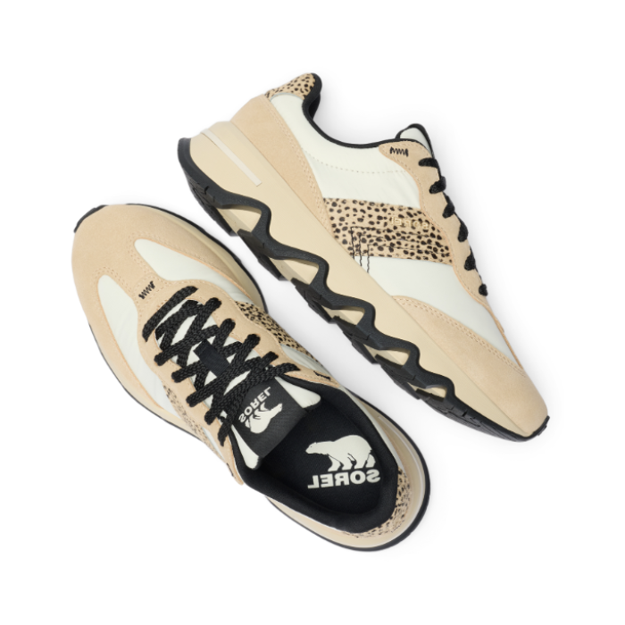 Pair of White sneakers with Cheetah print, beige and black accents with black laces, Sorel logo viable and a wave treaded outsole.