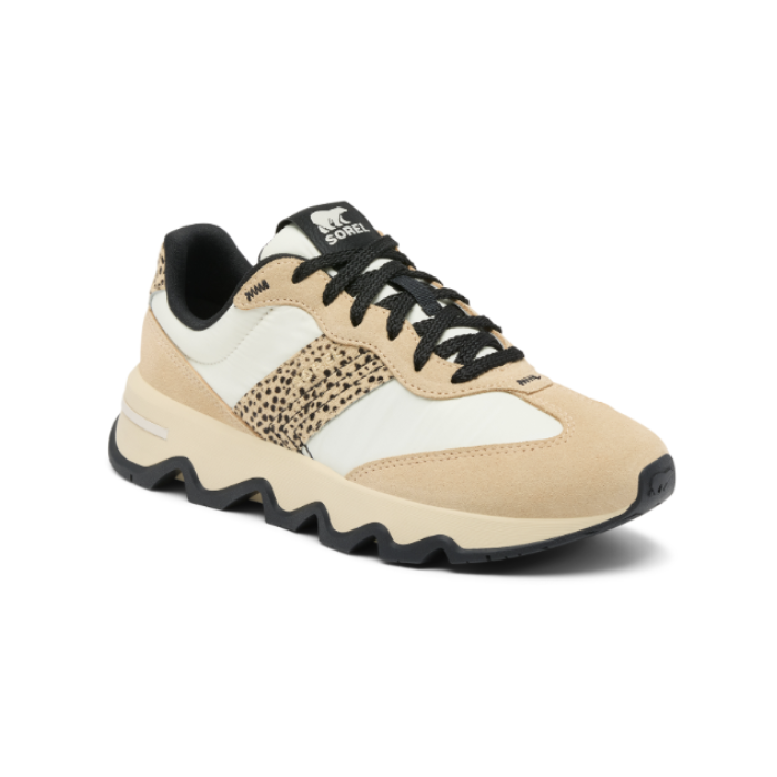 White sneaker with Cheetah print, beige and black accents with black laces, Sorel logo viable and a wave treaded outsole.