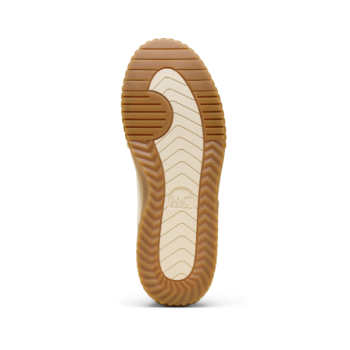 Tan gum outsole with light tread, cream center and Sorel logo stamped in middle.
