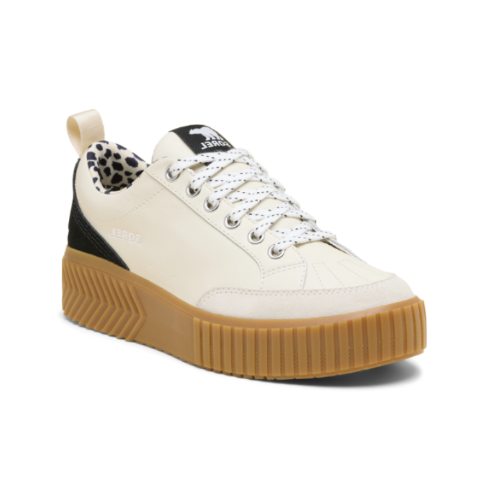 Cream platform leather lace sneaker with black accents, black Sorel logo on tongue and tan gum outsole.