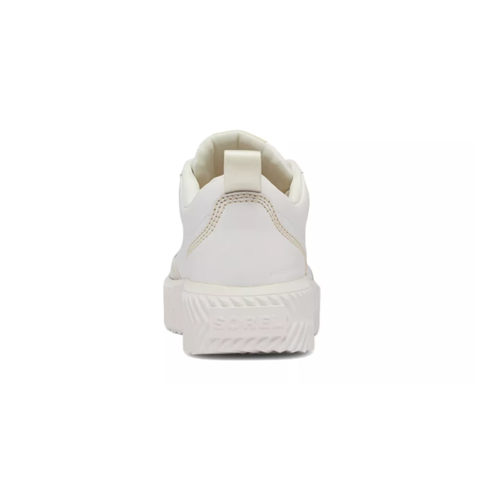 Heel of white sneaker showing accent stitching, pull tab and thick white gum outsole.