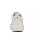 Heel of white sneaker showing accent stitching, pull tab and thick white gum outsole.