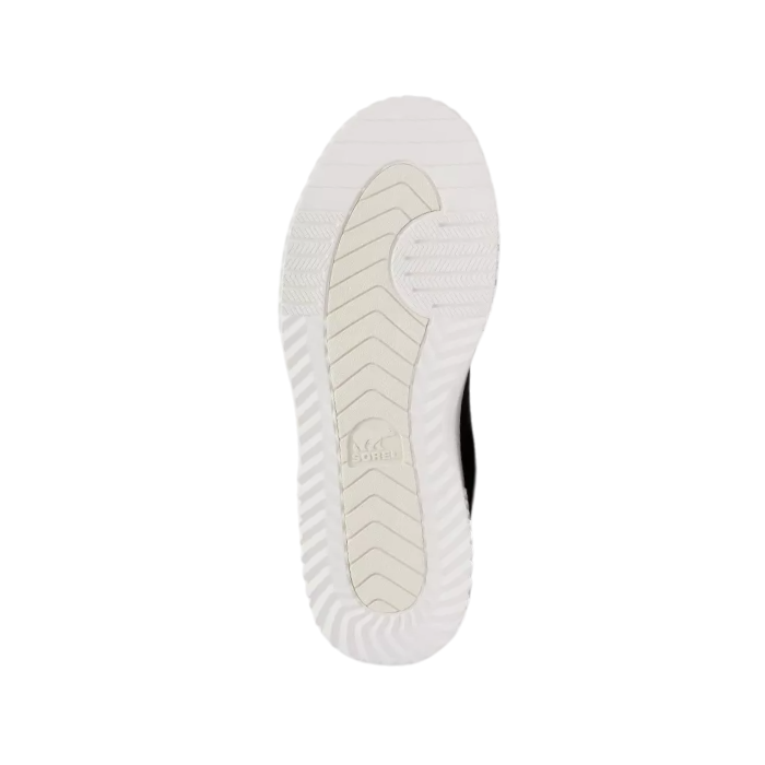 White gum outsole with light tread, cream center and Sorel logo stamped in middle.