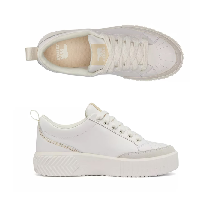Pair of beige platform leather lace sneaker with gum sole and rust heel accent.
