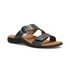 Pewter metallic slide sandal with two Velcro straps, detail buckle, beige Taos logo'd footbed and black outsole.