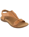 Backstrap leather sandal in tan with two adjustable Velcro straps, t-strap design, tan Taos logo'd footbed and brown rubber outsole.