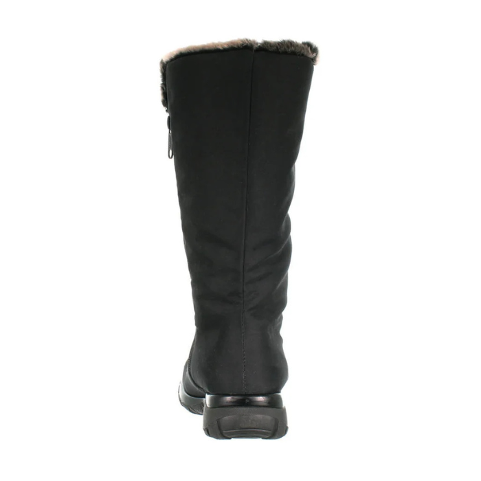 A mid-calf black nylon boot with a grey faux-fur lining visible at the top, deep treaded outsole.