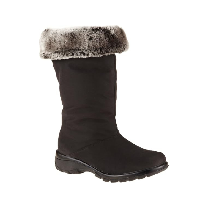 A mid-calf black suede boot with a grey faux-fur lining folded over cuff and deep treaded outsole.