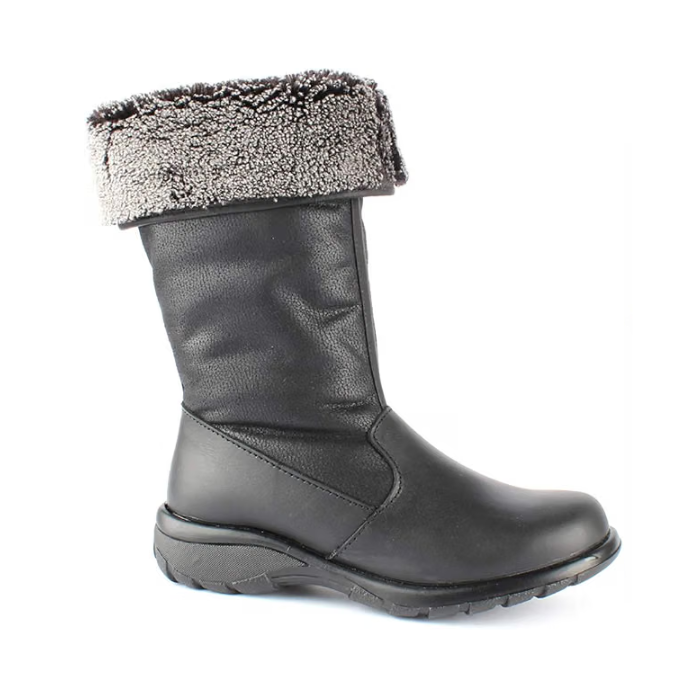 A black mid-calf leather boot with a rounded toe and a rugged treaded outsole, with grey fur cuff folded down.