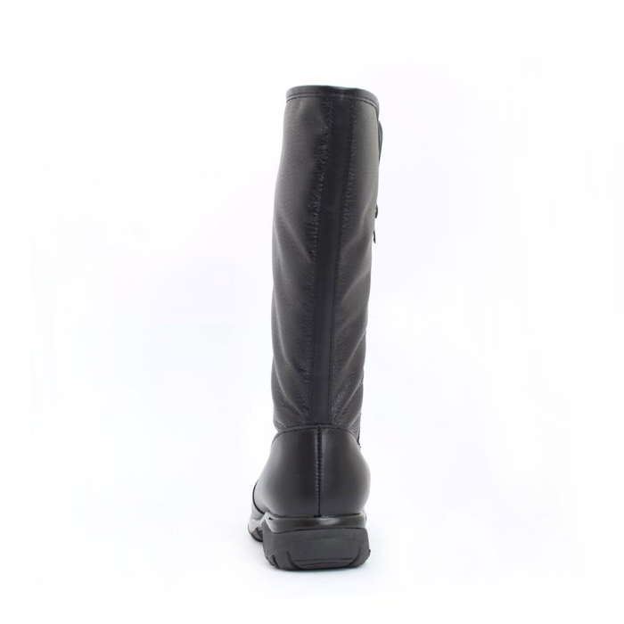Black heel view of black tall boot with rugged outsole.