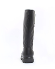 Black heel view of black tall boot with rugged outsole.