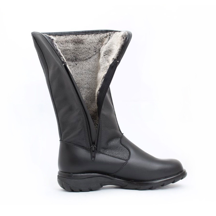 A black mid-calf leather boot with a rounded toe and a rugged treaded outsole, with open side zipper showing fur lining.