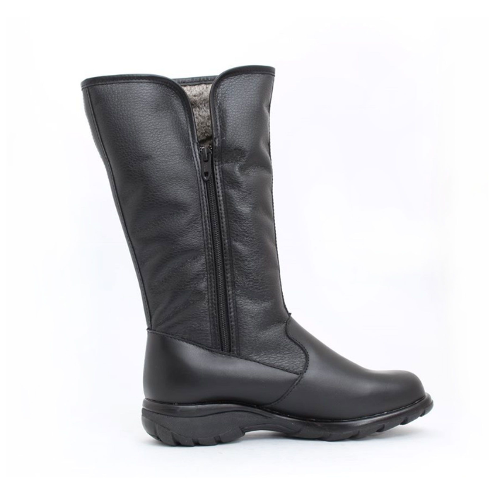 A black mid-calf leather boot with a rounded toe and a rugged treaded outsole, with inside zipper.