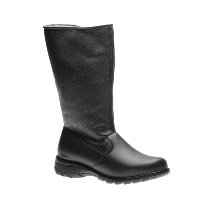 A black mid-calf leather boot with a rounded toe and a rugged treaded outsole, with grey lining poking out.