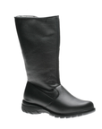 A black mid-calf leather boot with a rounded toe and a rugged treaded outsole, with grey lining poking out.