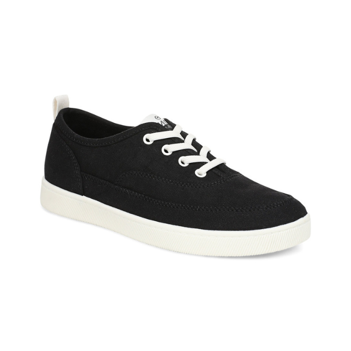Black casual sneaker with white elastic laces and white outsole. 