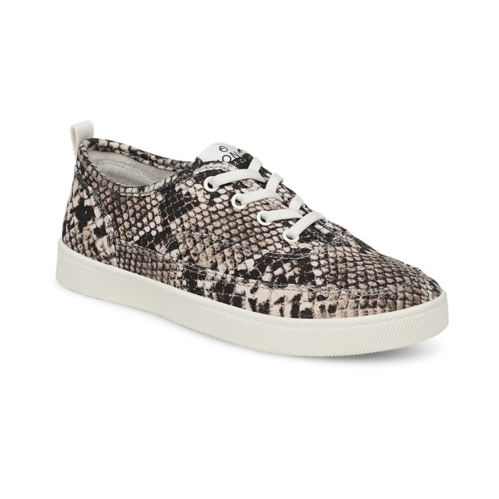 Snake print casual sneaker with white laces and white outsole. 