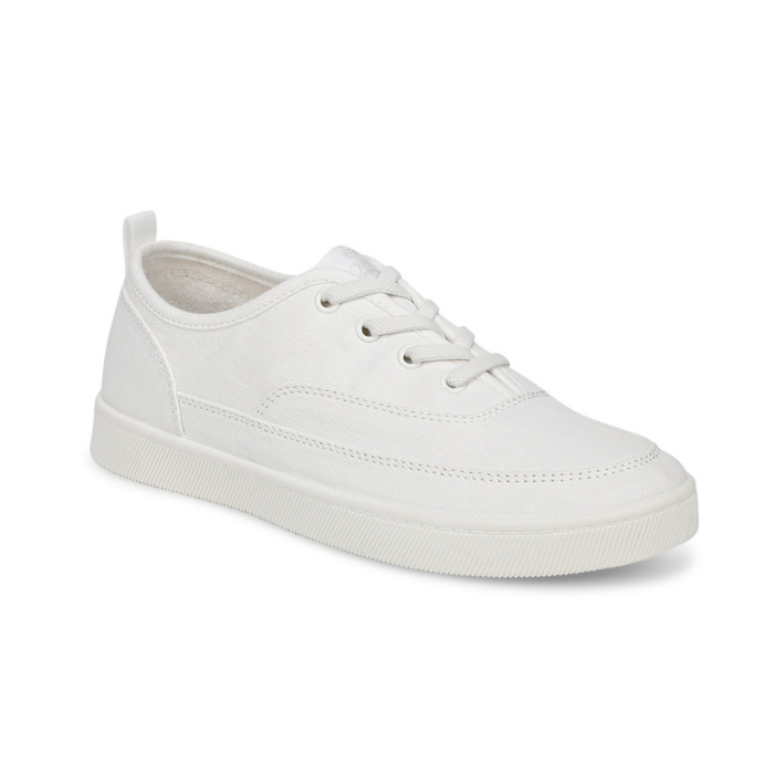 White casual sneaker with white elastic laces, and white outsole. 