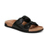 Slide Sandal in black with dual knotted straps, tan footbed, and black rubber outsole.