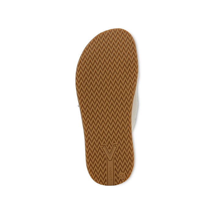 Outsole of Slide Sandal in tan with a zig-zag textured rubber outsole.
