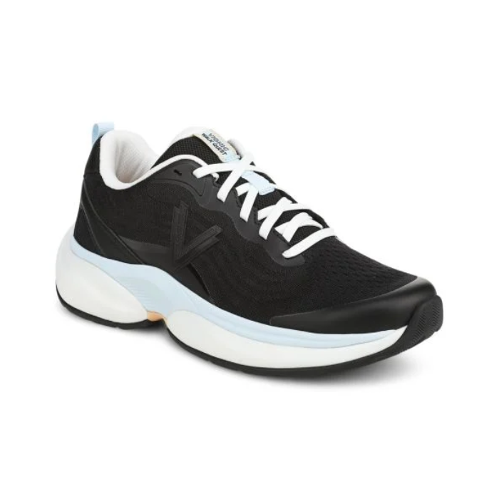 Black running shoe with white laces, thick white and pale blue midsole and black rubber outsole.