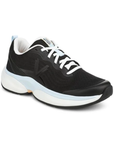 Black running shoe with white laces, thick white and pale blue midsole and black rubber outsole.