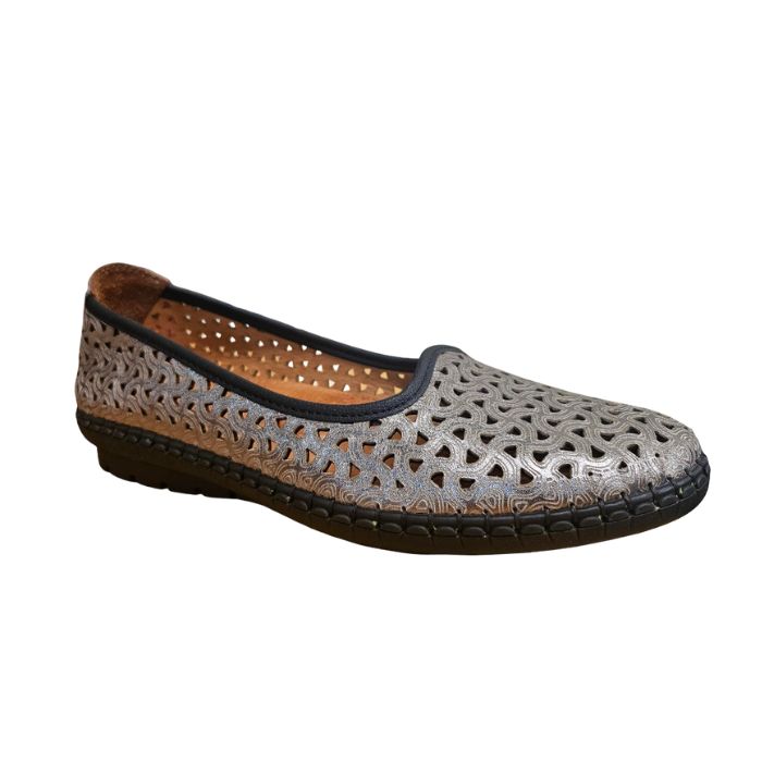 Silver ballet flat with cutouts and black piping and black outsole.