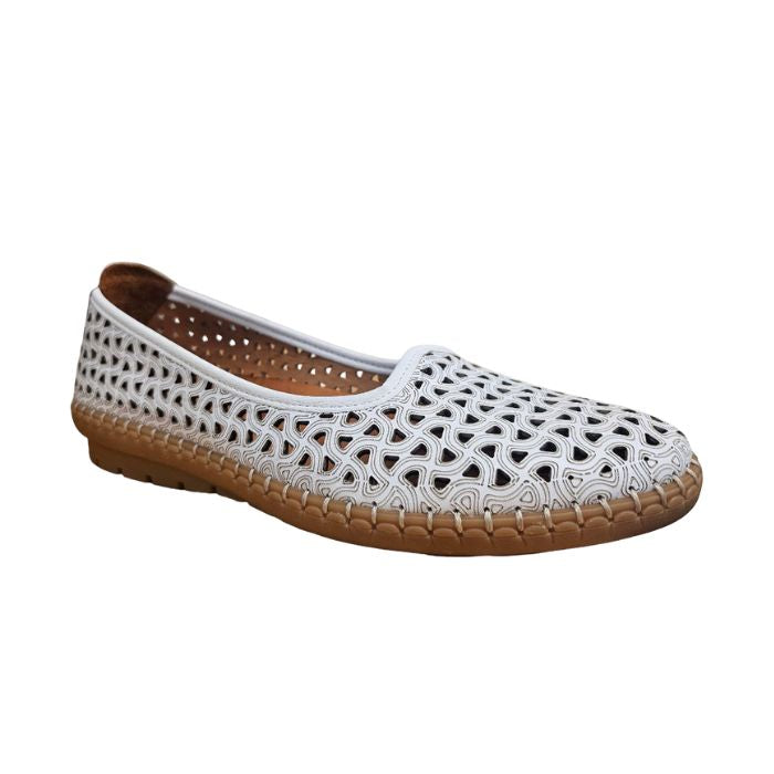 White ballet flat shoe with cutouts and brown outsole.