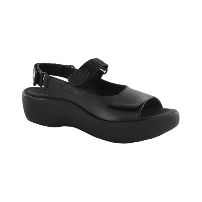 Black platform sandal with a closed side, open back, open toe, and adjustable hook-and-loop straps across the top and around the ankle.