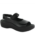 Black platform sandal with a closed side, open back, open toe, and adjustable hook-and-loop straps across the top and around the ankle.