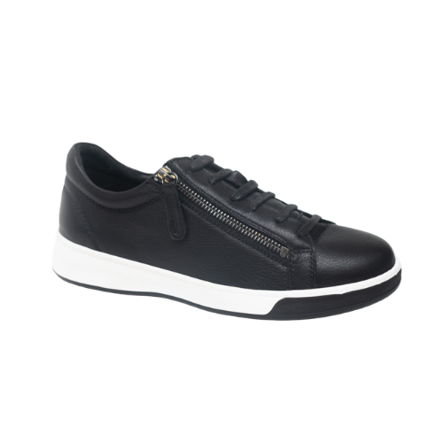 A black leather low-top sneaker with a side zipper, black laces, and a thick white midsole and black outsole.