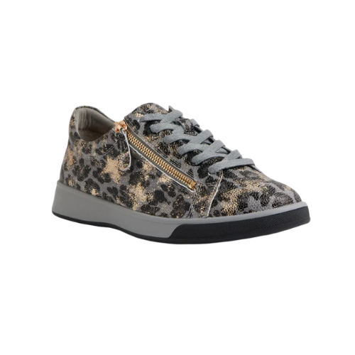 A grey with gold and black leopard print leather low-top sneaker with a side gold zipper, grey laces, and a thick grey midsole and black outsole.