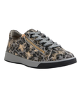 A grey with gold and black leopard print leather low-top sneaker with a side gold zipper, grey laces, and a thick grey midsole and black outsole.