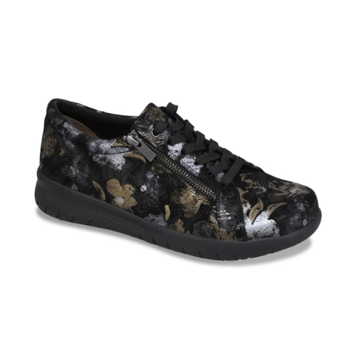 Black suede sneaker with floral metallic pattern, side zipper, black laces and black light treaded outsole.