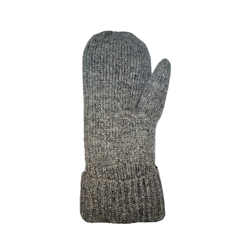 Palm of a grey wool mitten with Auclair logo on the cuff. 