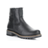 Black leather ankle boot with brown welt and black rugged sole.