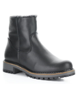 Black leather ankle boot with brown welt and black rugged sole.