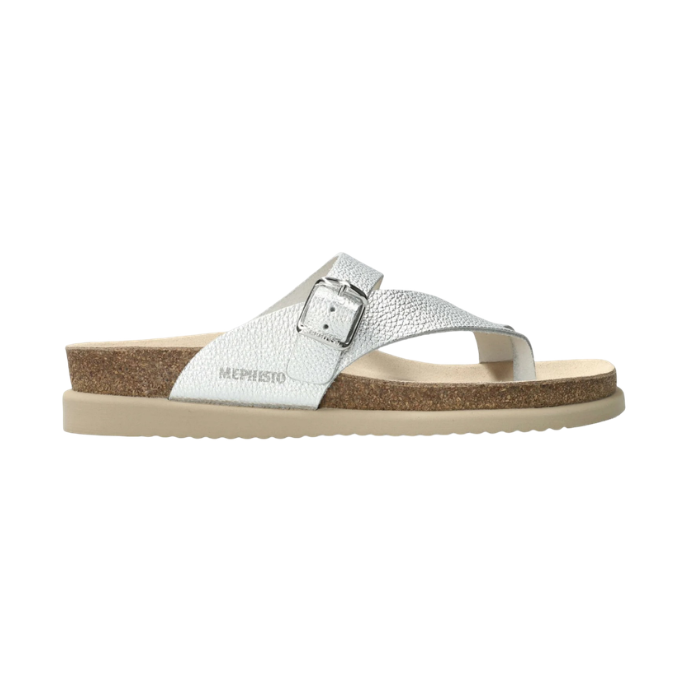 Thong Footbed Sandal in silver leather with silver buckle strap, beige Mephisto logo'd suede lined cork footbed and beige flat outsole.