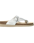 Thong Footbed Sandal in silver leather with silver buckle strap, beige Mephisto logo'd suede lined cork footbed and beige flat outsole.