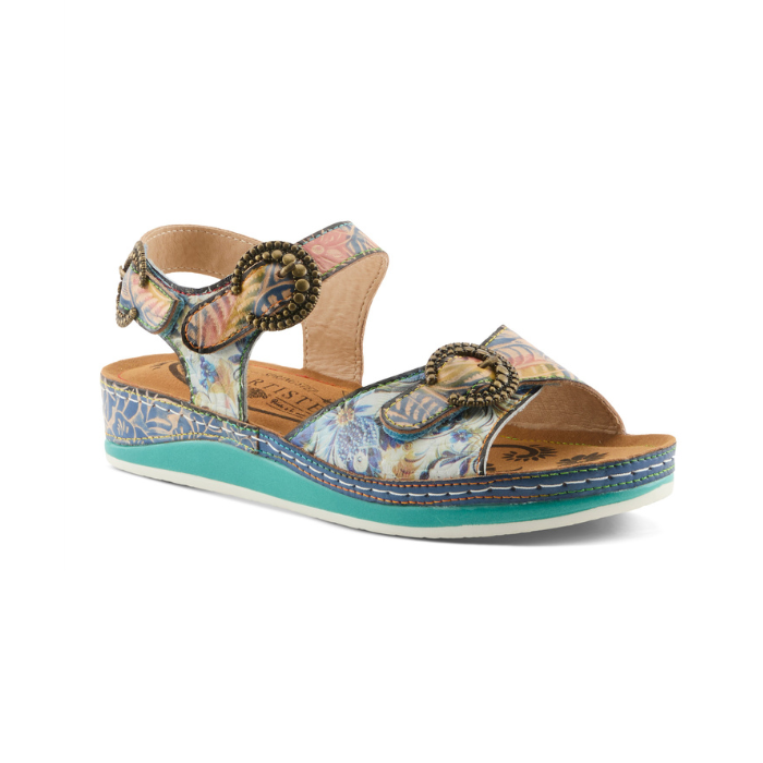 Backstrap sandal with floral pattern in blues, greens and peach tones, brass buckle details, tan L'Artiste logo footbed, teal midsole and white outsole.