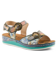Backstrap sandal with floral pattern in blues, greens and peach tones, brass buckle details, tan L'Artiste logo footbed, teal midsole and white outsole.
