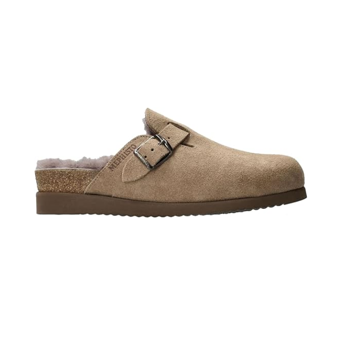 Mephisto clog with suede upper in warm grey, side buckle and fur lining
