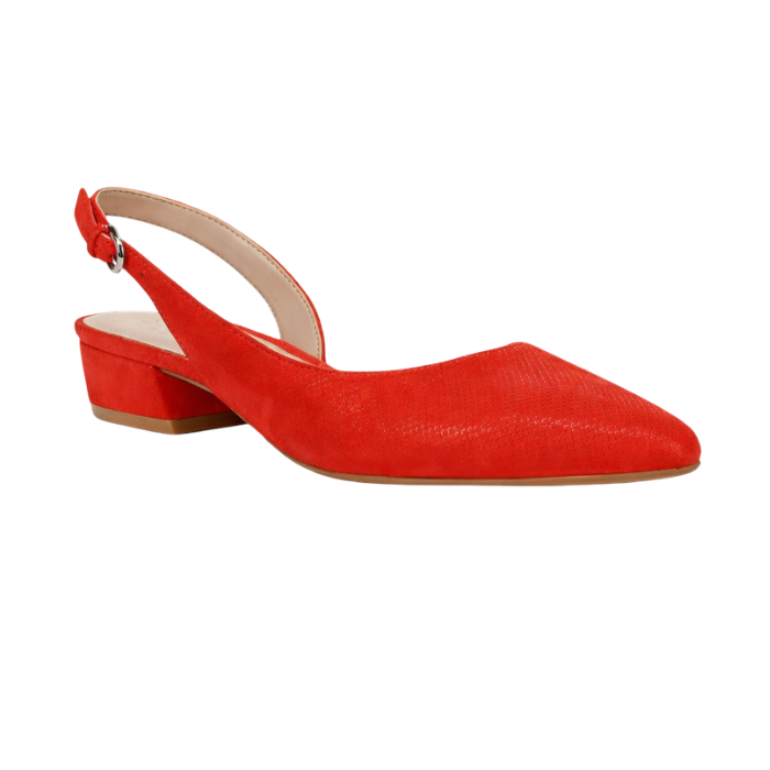Red leather slingback with tan footbed, pointed toe and low block heel.