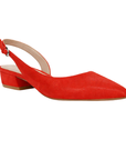 Red leather slingback with tan footbed, pointed toe and low block heel.