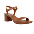 Brown sandal with thin straps, gold buckle, Naturalizer logo'd footbed and a block heel.